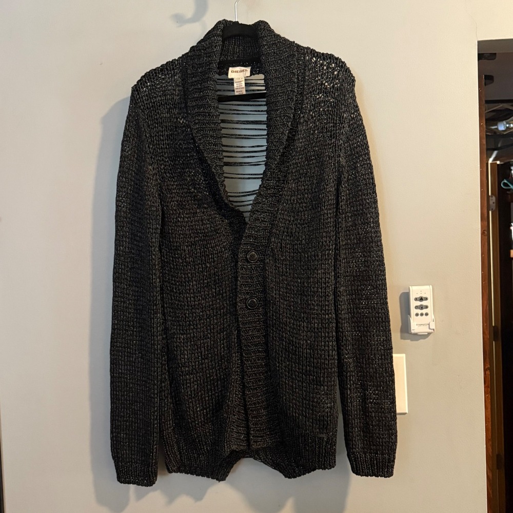 DIESEL Black Distressed‎ Knit Shawl Collar Cardigan Sweater Whimsgoth Sexy Y2K M